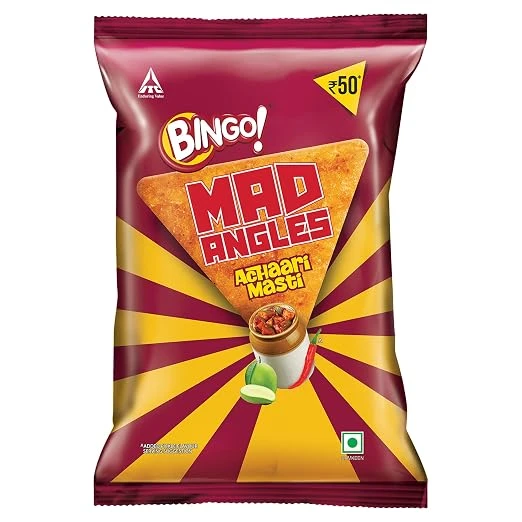 Bingo! Mad Angles Achaari Masti – Desi Mango Pickle Flavour Crunchy Triangle Chips | Tasty Snack for Any Time Cravings, 124.8g/117g(weight May Vary)